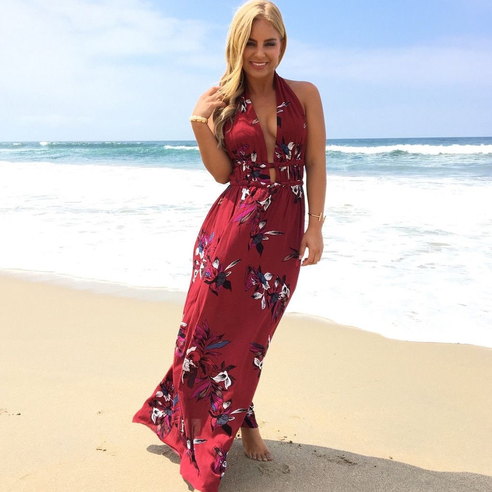 Burgundy Maxi Dress Open Back and Braided Strap